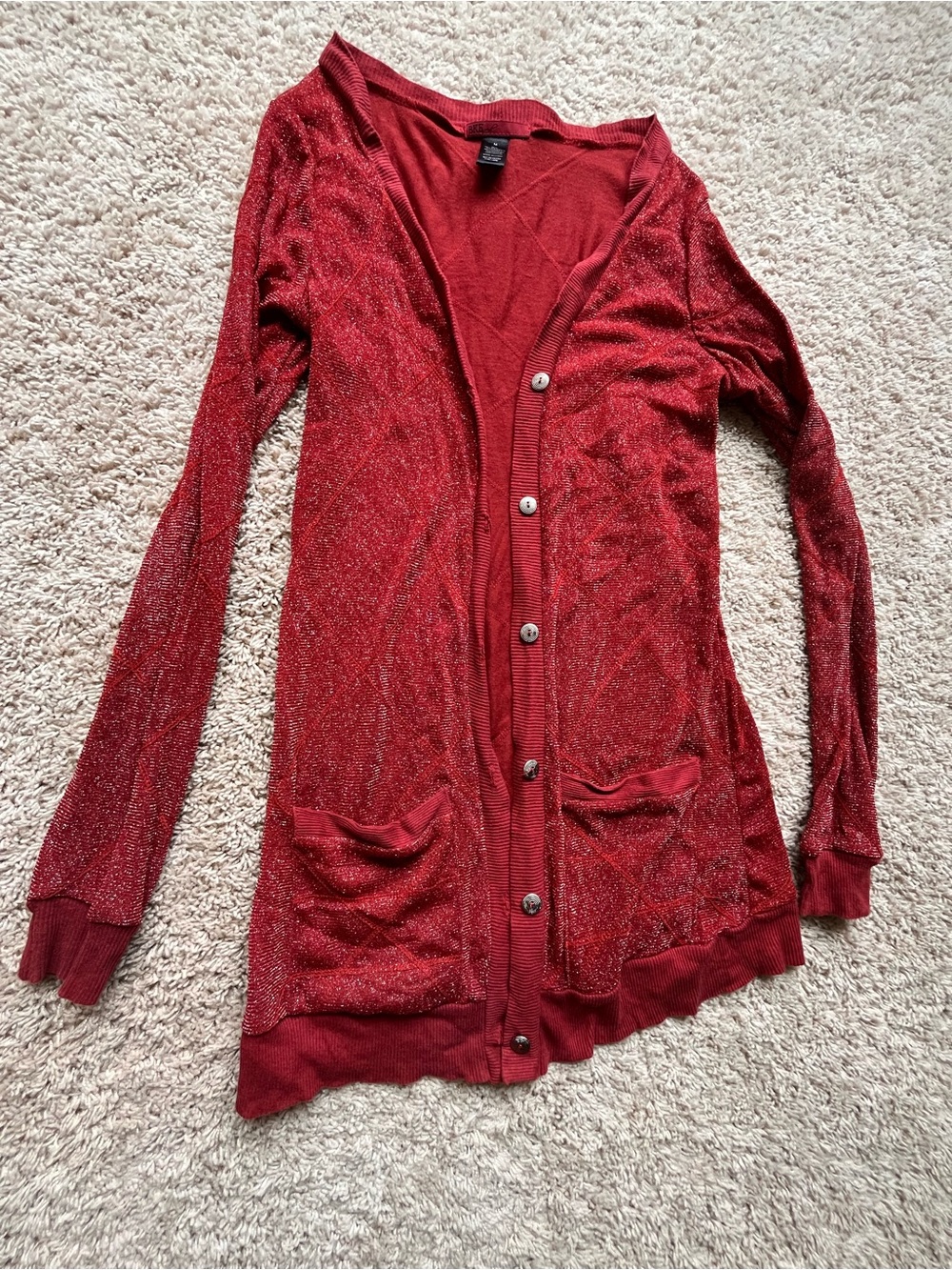 BKE Red Metallic Button Cardigan